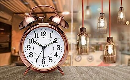 Vintage Brass Twin Bell Table Top Alarm Clock with LED Night Light Display - Ideal for Bedroom, Heavy Sleepers, Adults, Kids and Students (Copper)
