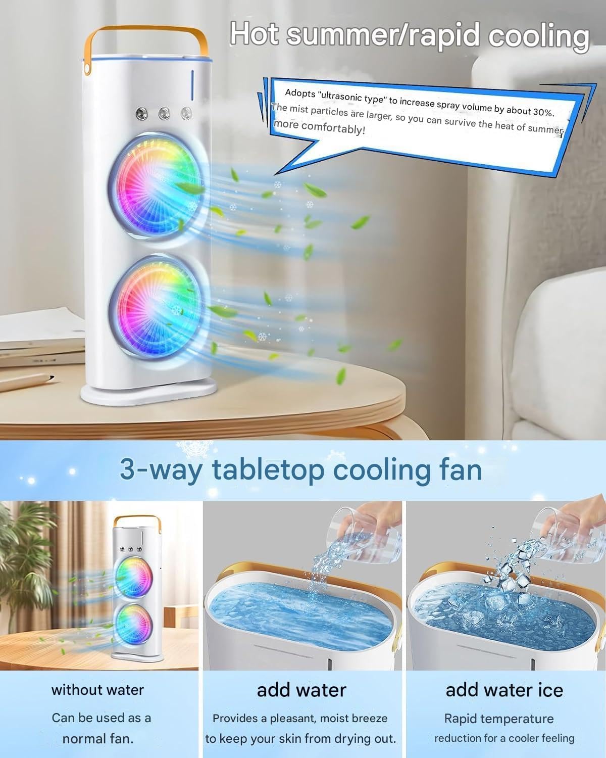 Portable Double Ended Spray Fan, Cold Air, 3 Gears USB Rechargeable Mini AC Air Cooler Misting Fans with LED Light Cooler, Touch & Remote Control, 280ml Water Tank, Ice Filling Fan