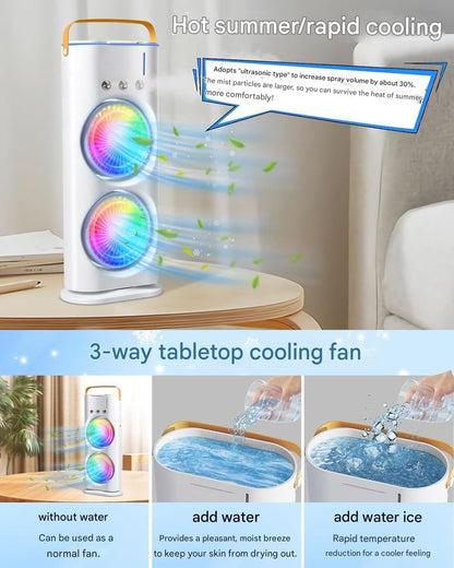 Portable Double Ended Spray Fan, Cold Air, 3 Gears USB Rechargeable Mini AC Air Cooler Misting Fans with LED Light Cooler, Touch & Remote Control, 280ml Water Tank, Ice Filling Fan