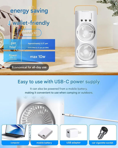Portable Double Ended Spray Fan, Cold Air, 3 Gears USB Rechargeable Mini AC Air Cooler Misting Fans with LED Light Cooler, Touch & Remote Control, 280ml Water Tank, Ice Filling Fan