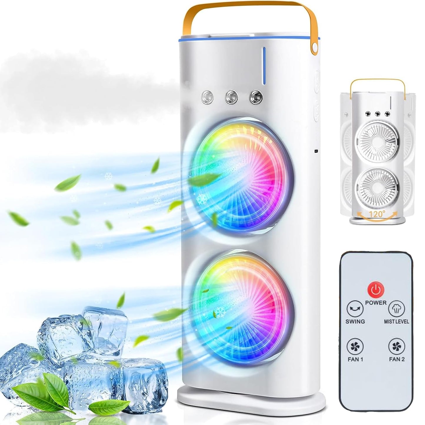 Portable Double Ended Spray Fan, Cold Air, 3 Gears USB Rechargeable Mini AC Air Cooler Misting Fans with LED Light Cooler, Touch & Remote Control, 280ml Water Tank, Ice Filling Fan