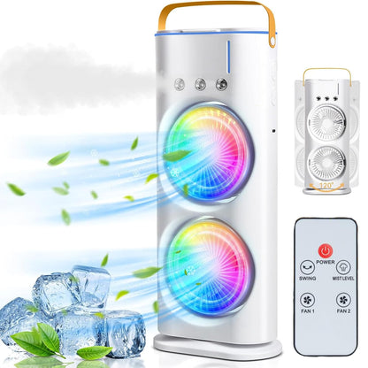 Portable Double Ended Spray Fan, Cold Air, 3 Gears USB Rechargeable Mini AC Air Cooler Misting Fans with LED Light Cooler, Touch & Remote Control, 280ml Water Tank, Ice Filling Fan