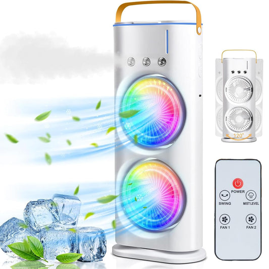 Portable Double Ended Spray Fan, Cold Air, 3 Gears USB Rechargeable Mini AC Air Cooler Misting Fans with LED Light Cooler, Touch & Remote Control, 280ml Water Tank, Ice Filling Fan